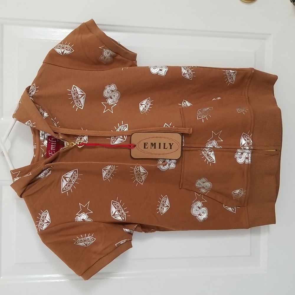 Brown Hoodie Front Zip Jacket Dollar Sign & Diamond Bling-Bling - Size Large NWT